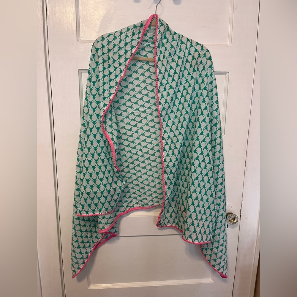 Green and white with pink pompom trim - beach sarong cover up or spring scarf!
